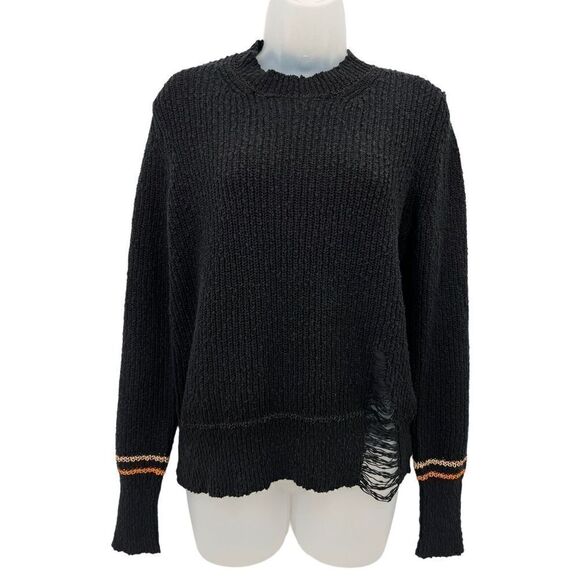 Raquel Allegra Pullover Sweater Size 1 Black Knit Cotton Long Sleeve Distressed - Picture 9 of 14